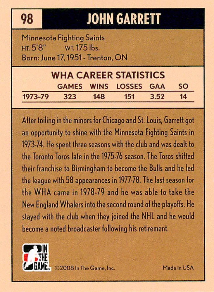 2007-08 ITG Between the Pipes - John Garrett - The Rival League #98