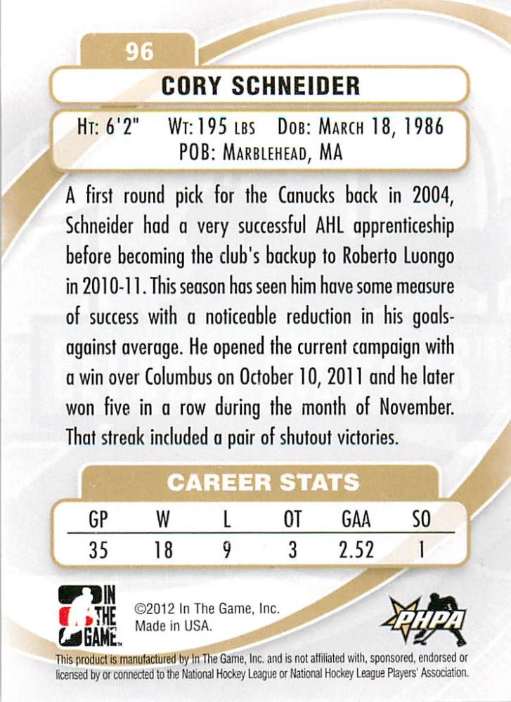 2011-12 ITG Between the Pipes - Cory Schneider - Stars Of The Game #96