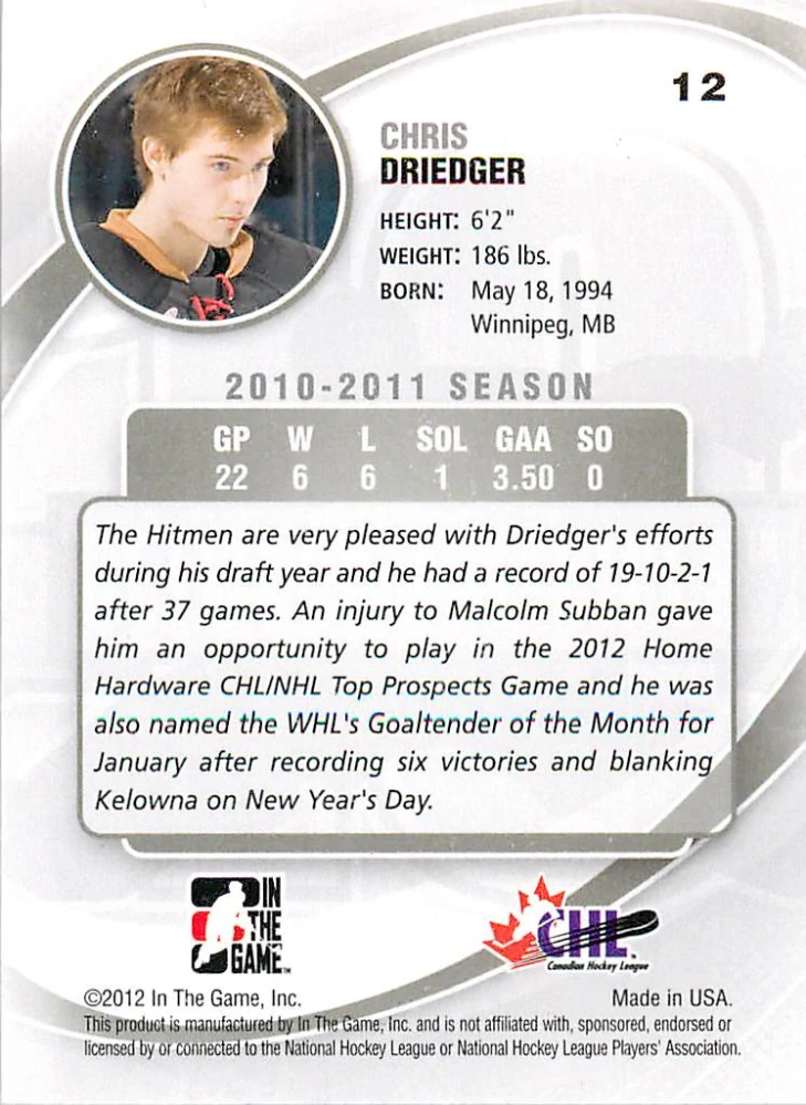 2011-12 ITG Between the Pipes - Chris Driedger - Future Stars #12