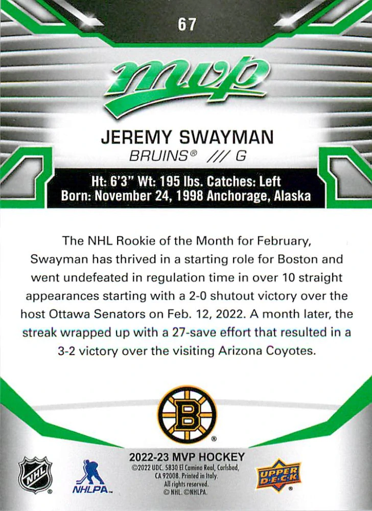 2022-23 UD MVP - Jeremy Swayman - Green Script #67