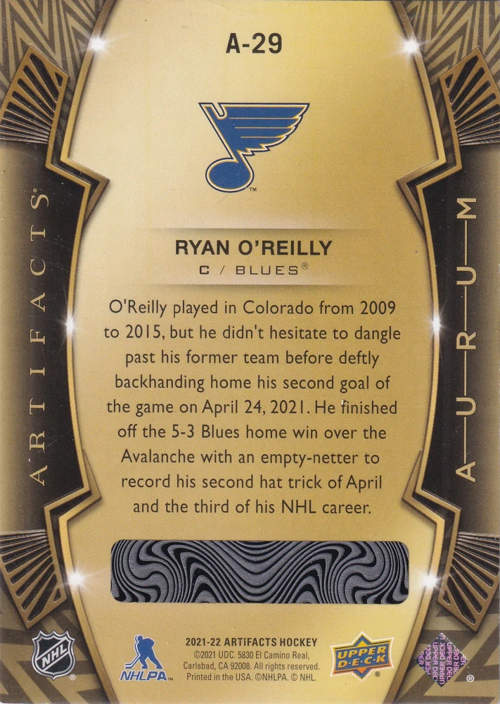 2021-22 UD Artifacts - Ryan O'Reilly - Aurum #A-29