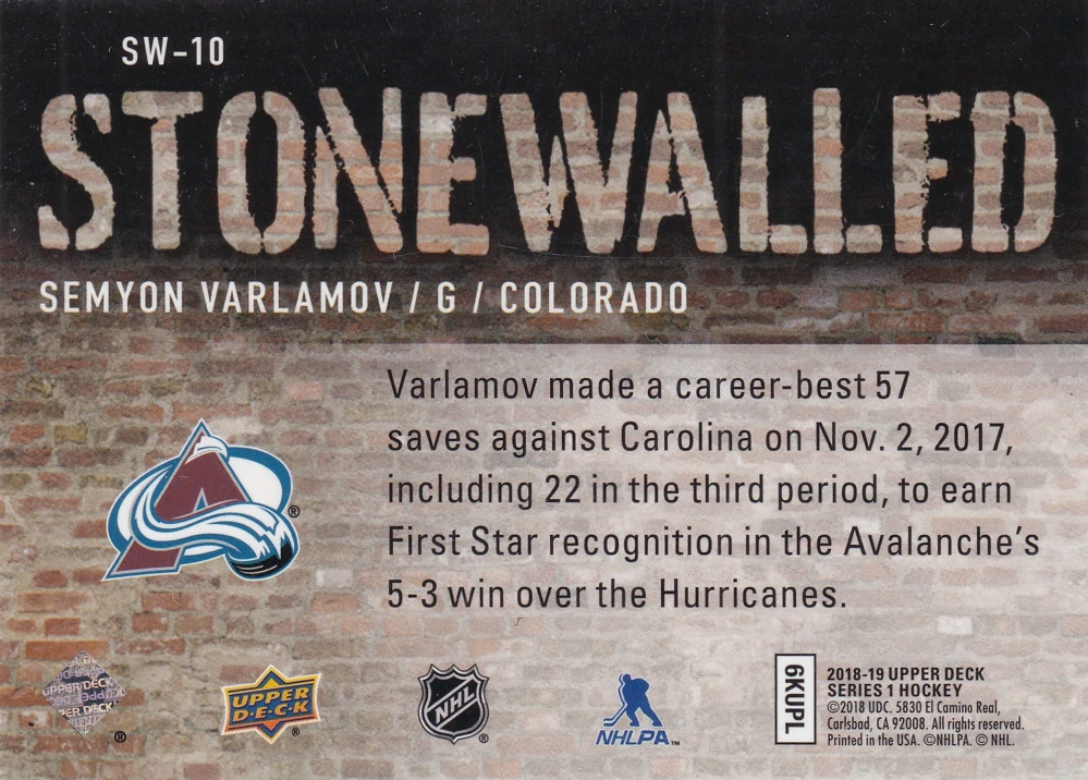 2018-19 UD Series 1 - Semyon Varlamov - Stonewalled #SW-10