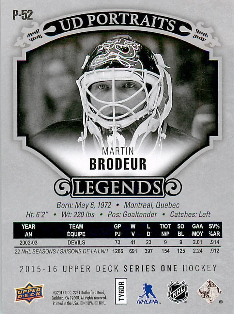 2015-16 UD Series 1 - Martin Brodeur - Portraits #P-52