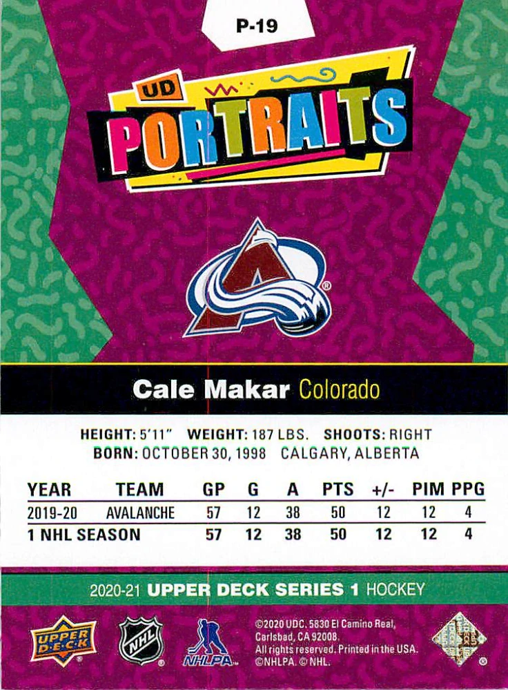 2020-21 UD Series 1 - Cale Makar - Portraits #P-19