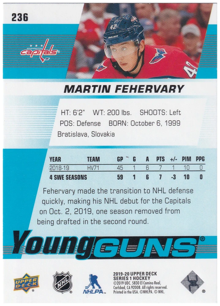 2019-20 UD Series 1 - Martin Fehérváry - Young Guns #236