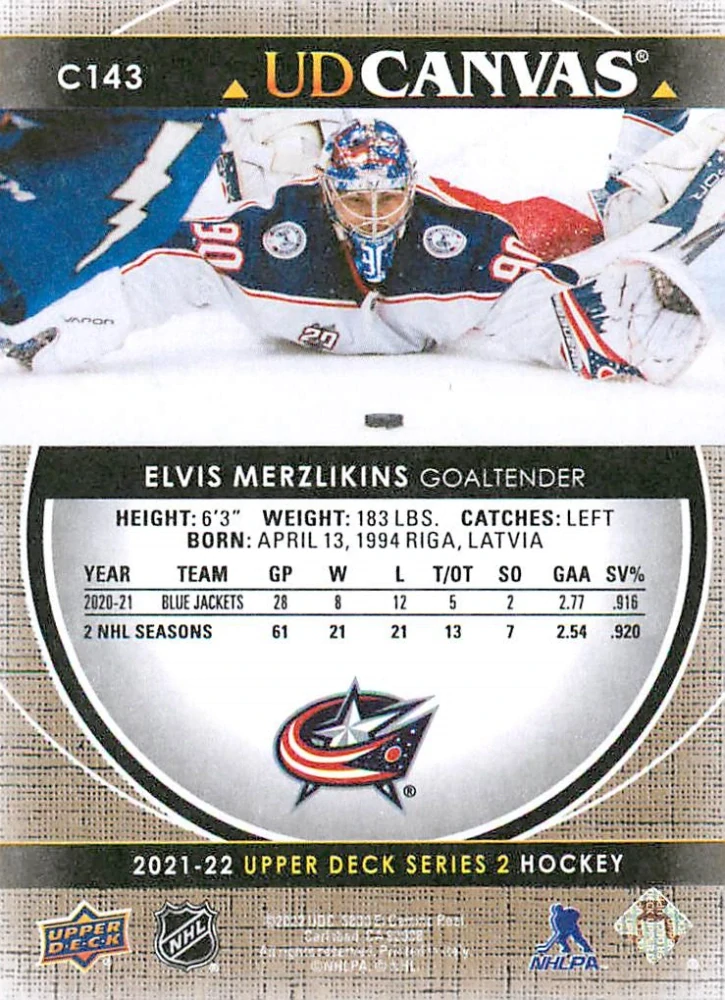 2021-22 UD Series 2 - Elvis Merzlikins - Canvas #C143