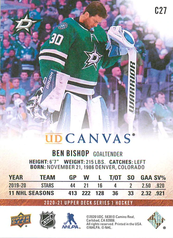 2020-21 UD Series 1 - Ben Bishop - Canvas #C27