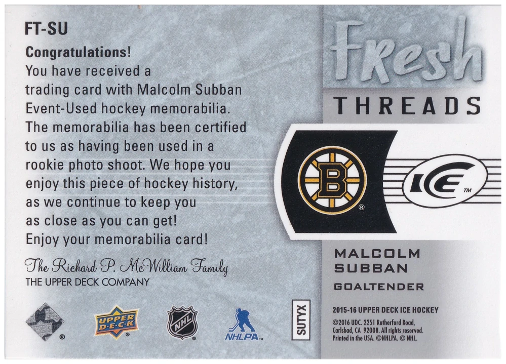 2015-16 UD Ice - Malcolm Subban - Fresh Threads #FT-SU
