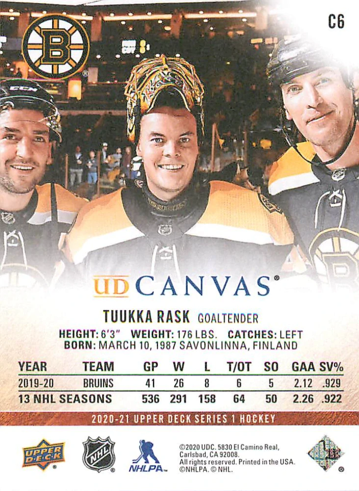 2020-21 UD Series 1 - Tuukka Rask - Canvas #C6