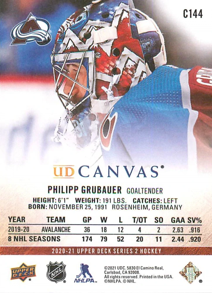 2020-21 UD Series 2 - Philipp Grubauer - Canvas #C144
