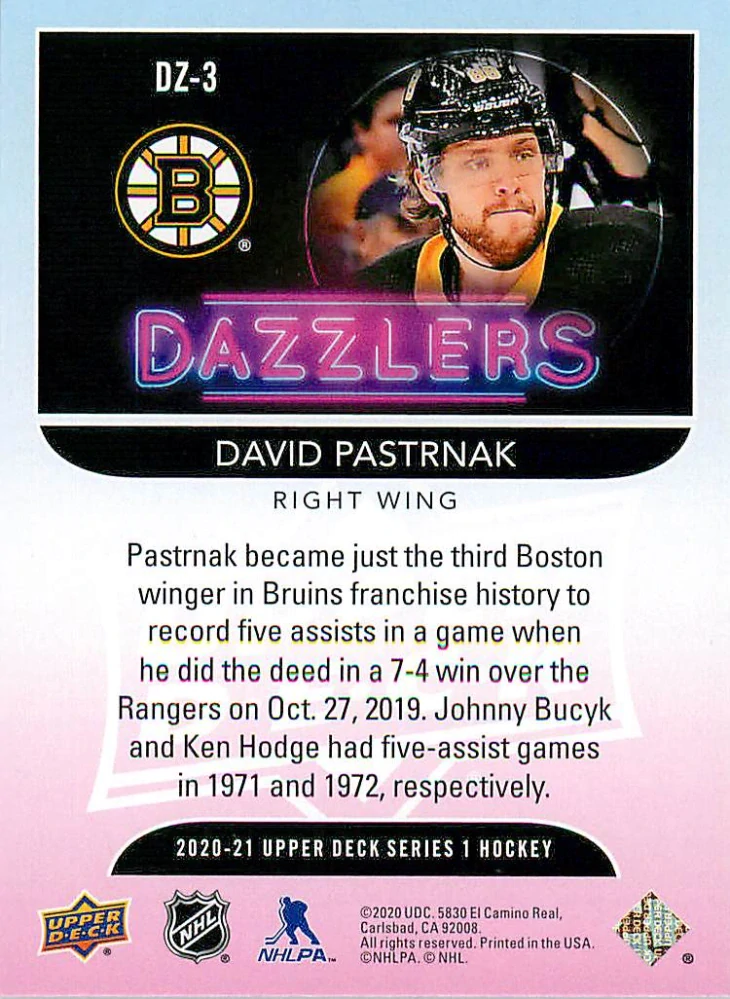 2020-21 UD Series 1 - David Pastrňák - Dazzlers Blue #DZ-3