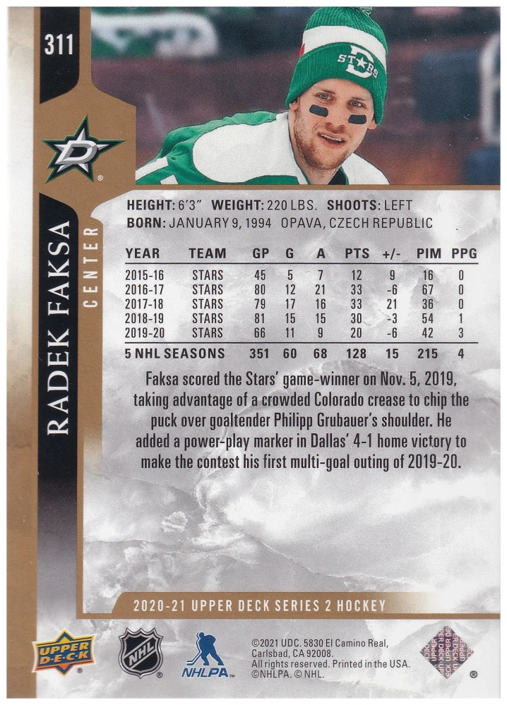 2020-21 UD Series 2 - Radek Faksa - Speckled Rainbow #311