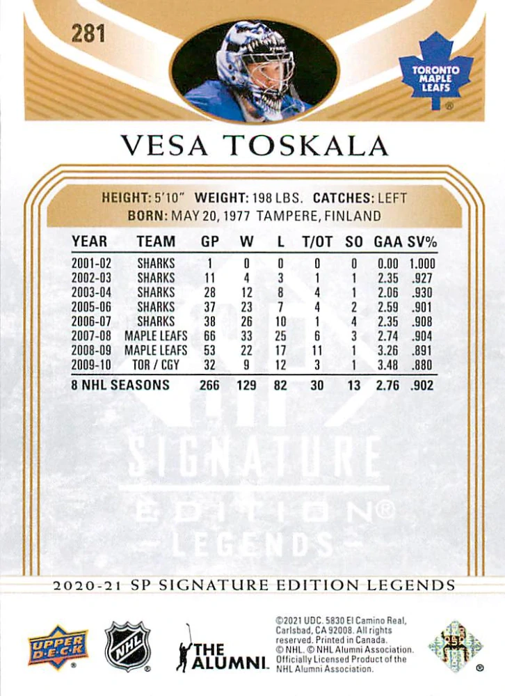 2020-21 UD SP Signature Edition Legends - Vesa Toskala - Gold Foil #281