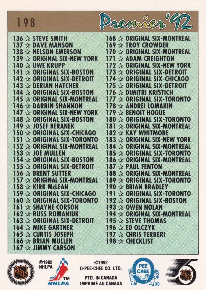 1991-92 O-Pee-Chee Premier - kompletní base set 1-198