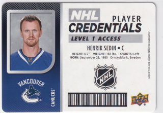 2017-18 UD MVP - Henrik Sedin - NHL Player Credentials - Level 1 Access