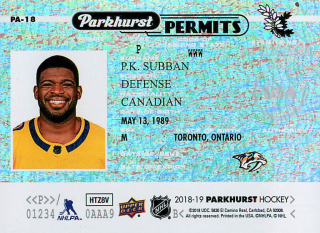 2018-19 UD Parkhurst - P.K. Subban - Permits #PA-18