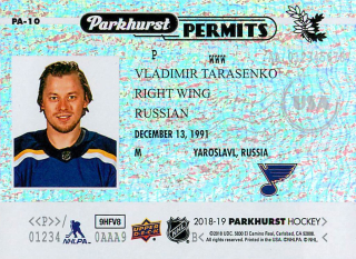 2018-19 UD Parkhurst - Vladimir Tarasenko - Permits #PA-10