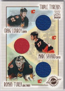 2001-02 Pacific Crown Royale - Roman Turek, Craig Conroy, Marc Savard - Triple Threads #2